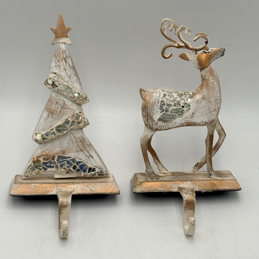 Shabby Chic Stocking Holders Set of 2 White Wood Resin Reindeer Tree‎ Mosaic